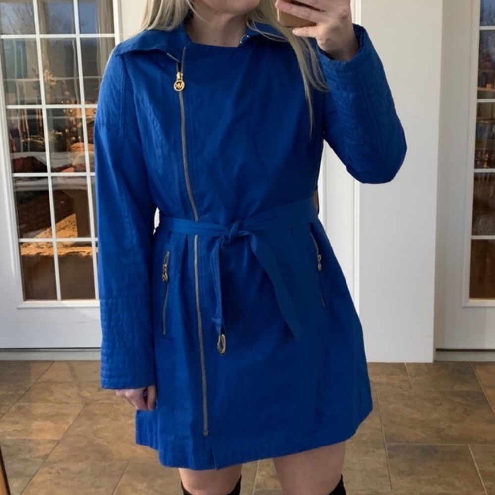 Michael Kors Blue Trench Coat with Asymmetrical Zipper and Belt